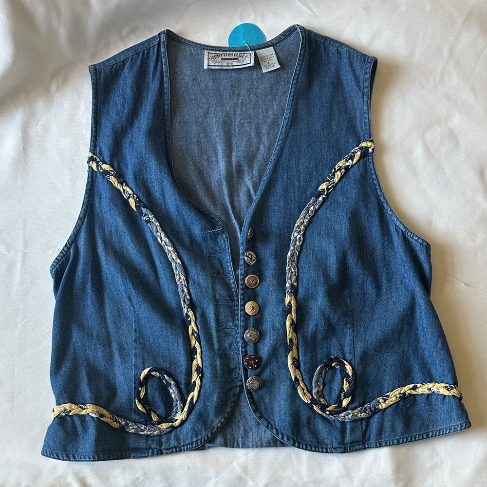 Vintage Denim Vest with Braided Trim